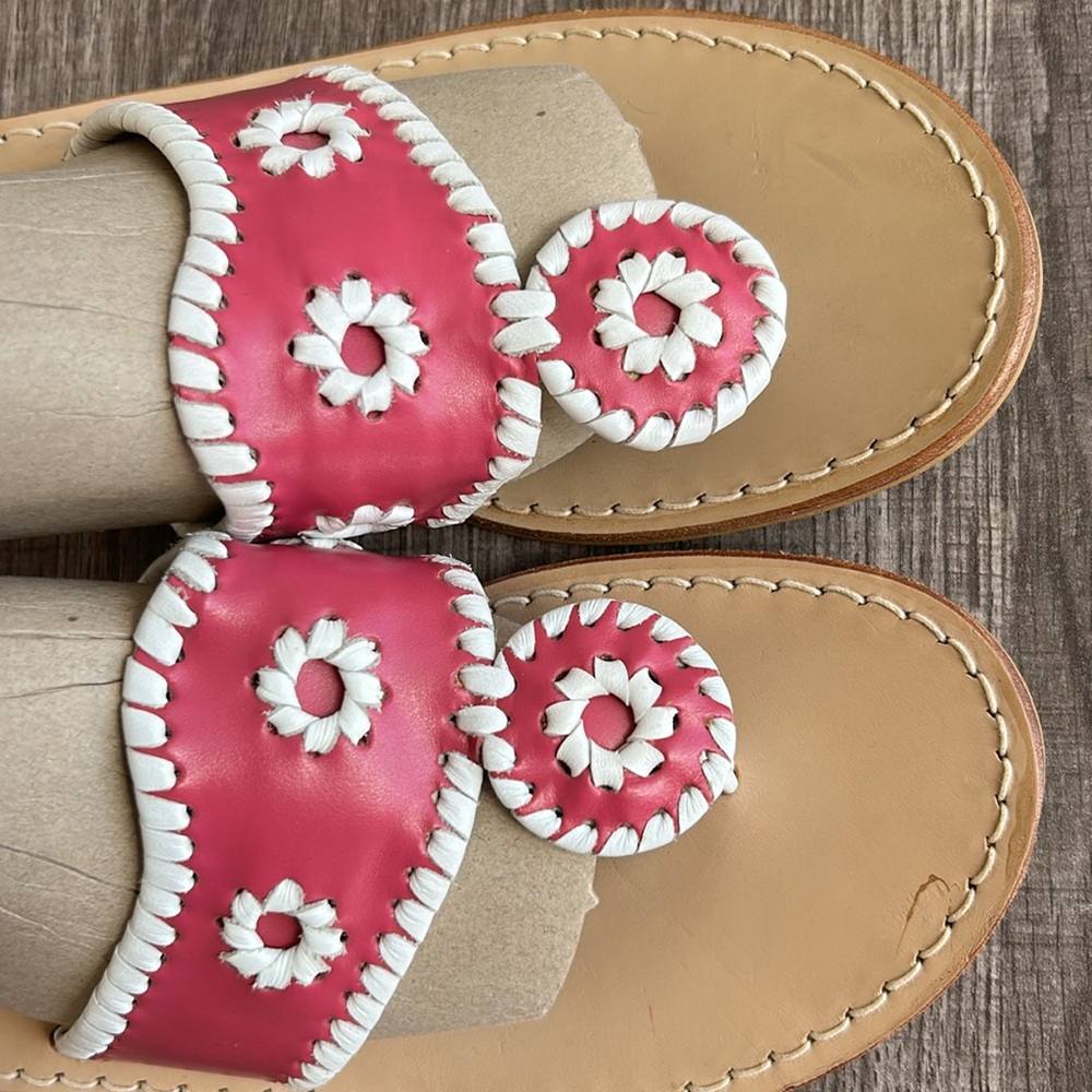 SOLD Jack Rogers Pink/Cream Navajo Leather Flat Sandals Whipstitch Barbiecore 7 - Picture 8 of 14